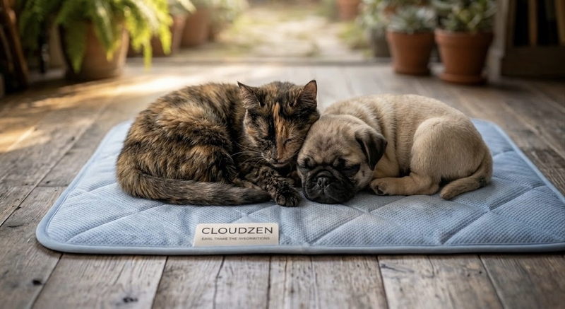 Cat and pug sleeping together on CloudsZen cooling mat